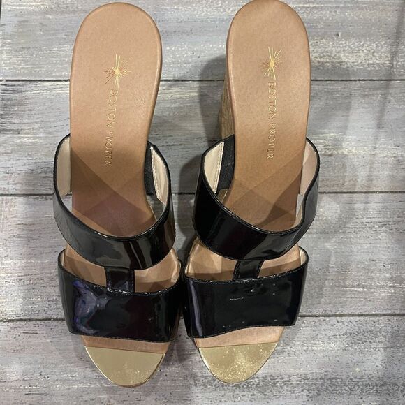 Boston Proper Cork Wedge Heels Size 8.5 M Patent Faux Leather Gold Toe Club - Picture 1 of 5